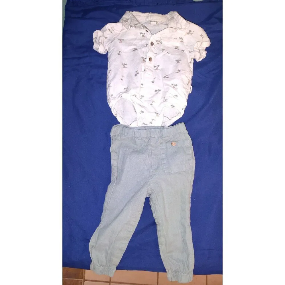 Tahari Baby Boys‎ 2 Piece White Palm Tree Collard Shirt With Green Pants